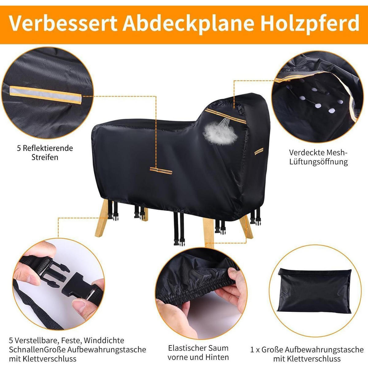 ABDECKUNG Holzpferd 160 x 110 x 70 cm Wasserdicht UV-Beständig - Schwarz, Textil (70/110/160cm)