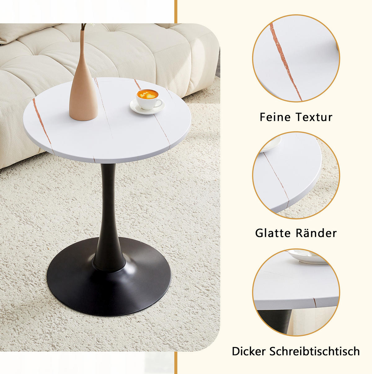 BEISTELLTISCH rund 60/72 cm in Weiß/Schwarz aus MDF und Metall - Weiß, Holzwerkstoff (60/60/72cm) - Flora Grace
