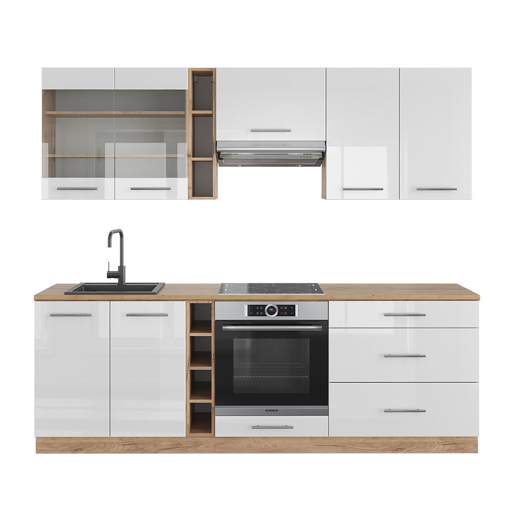 KÜCHENZEILE Fame-Line Weiß Hochglanz/Goldkraft Eiche 235 cm, AP Eiche - Weiß Hochglanz/Eiche Wotan, Holzwerkstoff (235/81.6/60cm) - Vicco