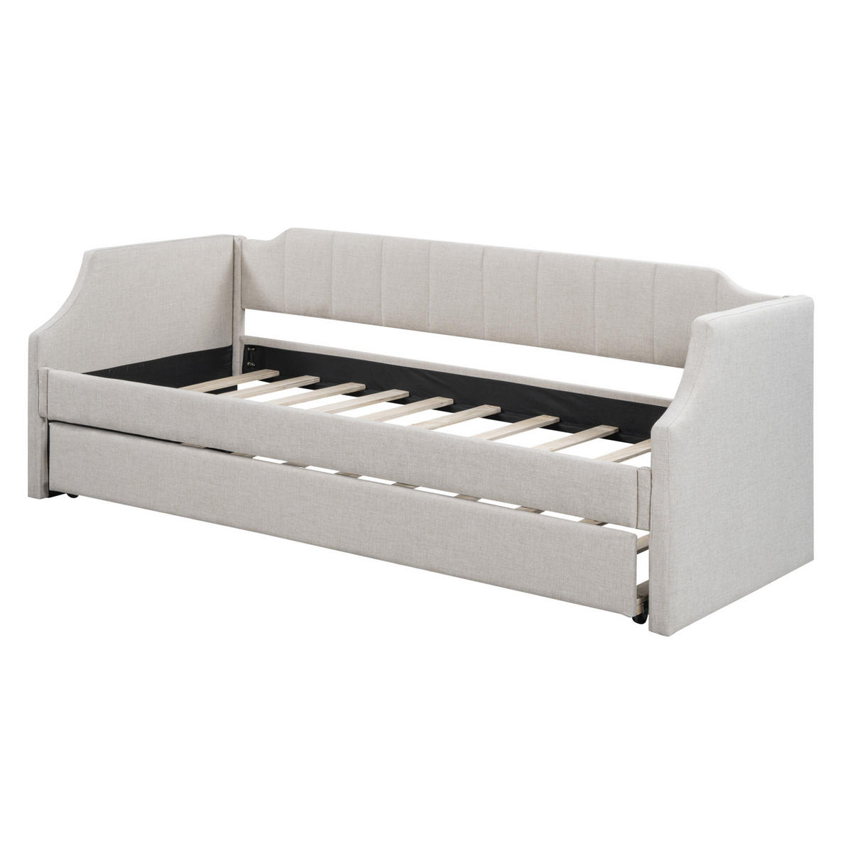 POLSTERBETT 90/200 cm Beige aus Leinen und Sperrholz mit Rollbett - Beige, Textil (90/200cm) - OKMYHOME
