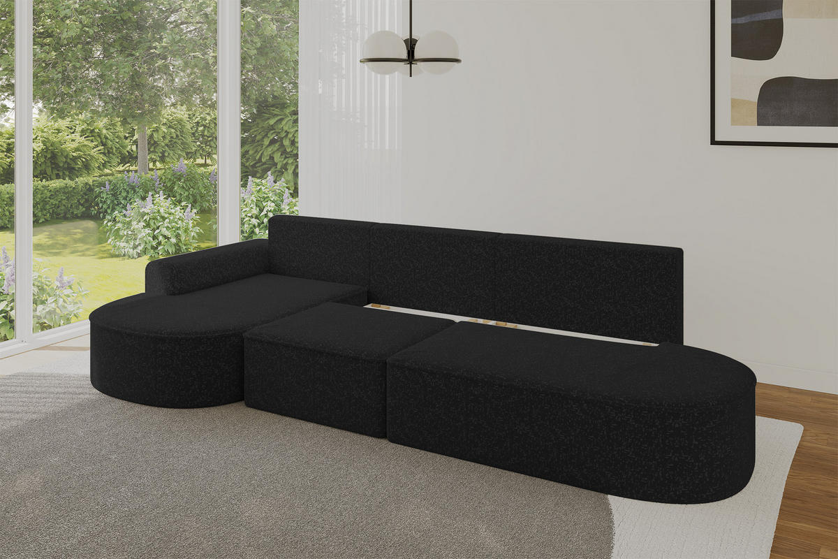 ECKSOFA mit Schlaffunktion Ottomane Links MARI L2-S 368X167X85 Schwarz Velours - Schwarz Hochglanz/Schwarz, Holzwerkstoff/Kunststoff (368/167cm) - ALTDECOR