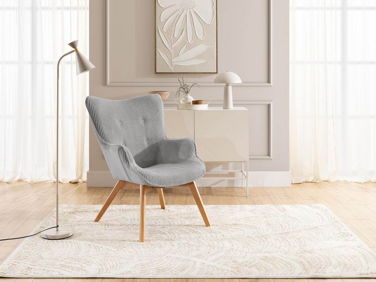LOUNGESESSEL Lenari Hellgrau Cordstoff mit Füßen in Natur - Hellgrau/Naturfarben, Holz/Textil (71/96/86cm) - S-Style Möbel