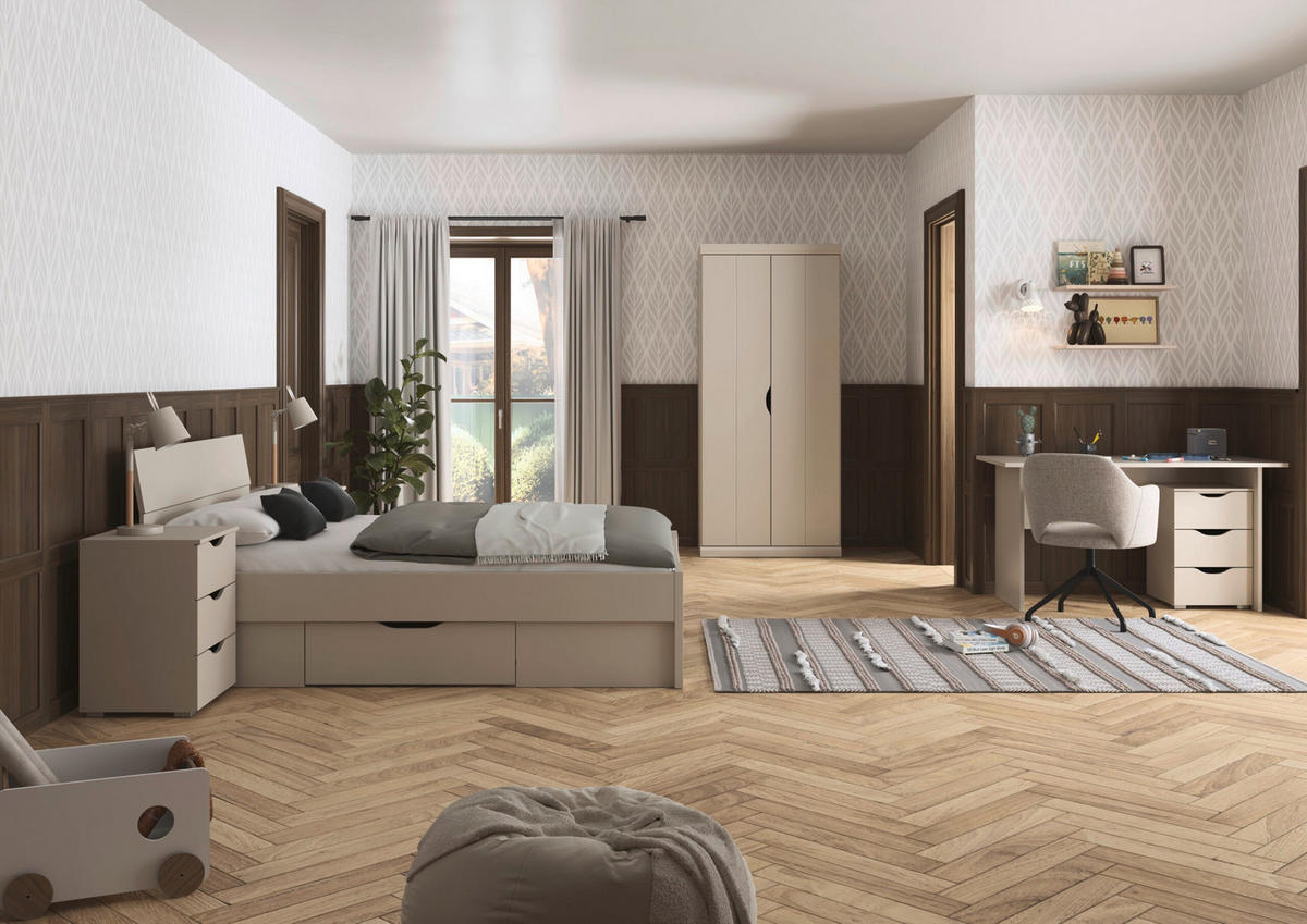 JUGENDZIMMER Frieda in Beige 5-teilig mit 2 türigem Kleiderschrank ohne Schubkästen, 140er Jugendbett, Nachttisch, Schreibtisch mit Container - Beige, Holzwerkstoff (80/200/120cm)