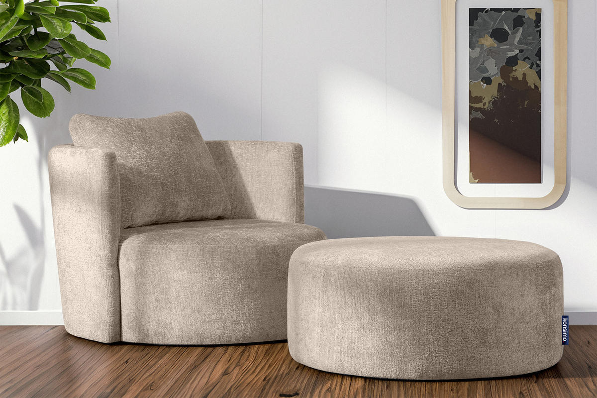 DREHSESSEL-SET RAGGI inkl. Sitzhocker, Chenille-Stoff, grau - Beige/Grau, Textil (92/75/80cm) - KONSIMO®