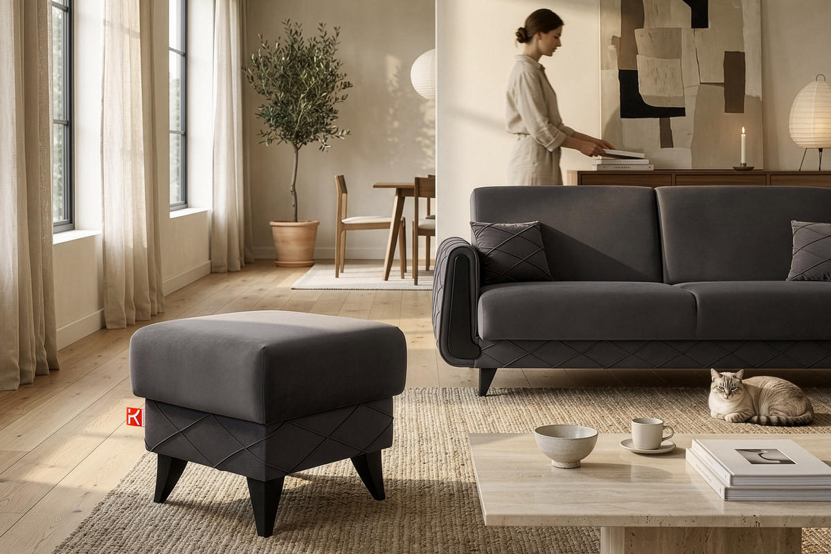 HOCKER GUSTAVO III Fußstütze, Velours, Graphitfarben - Graphitfarben, Holz/Holzwerkstoff (53/49/53cm) - KONSIMO®