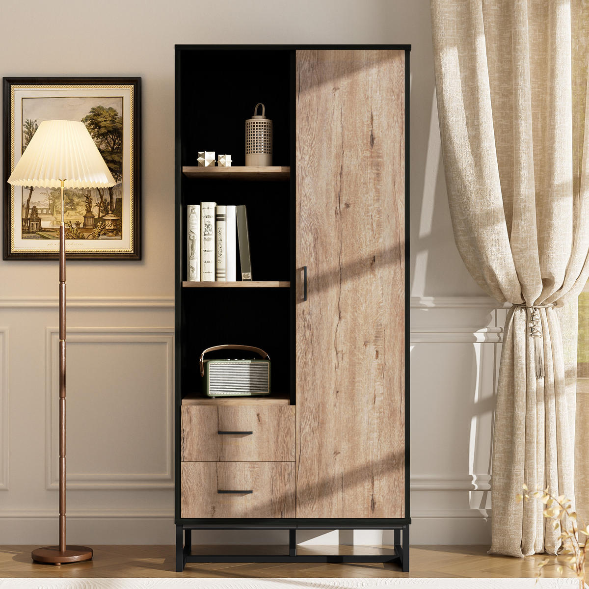 HOCHSCHRANK mit 2 Schubladen und offenen Fächern Schwarz - Schwarz, Holzwerkstoff (40/180/80cm) - Urban Meuble