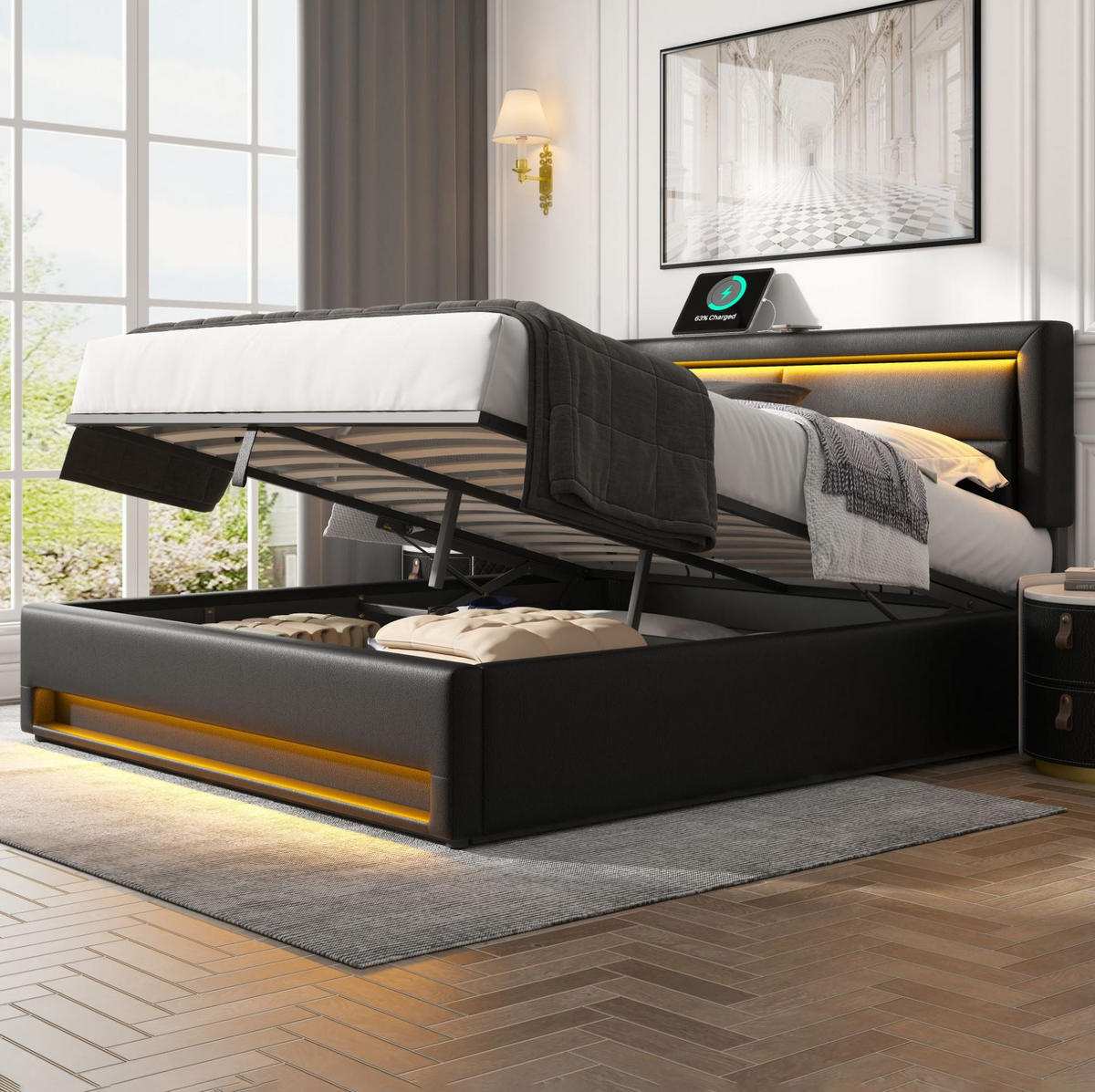 POLSTERBETT 140/200 cm aus PU mit LED USB-Ladestation und Stauraum Schwarz - Schwarz, Kunststoff (140/200cm) - Modenvie