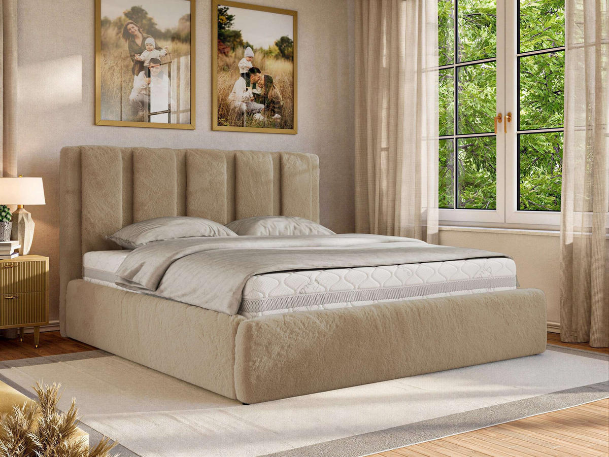 POLSTERBETT SAVINO CLASSIC 160/200 - Beige Plüsch - Schaum-Matratze - Beige, Textil (160/200cm) - MKS