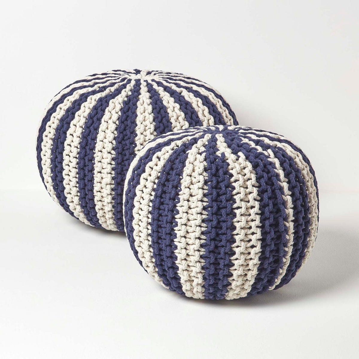 STRICKPOUF rund, marine-creme gestreift, 50/50/40 cm - Dunkelblau, Textil (50/40/50cm) - Homescapes