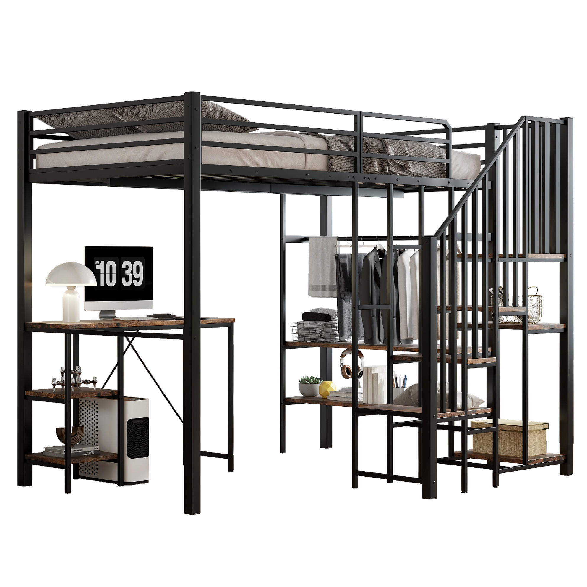 HOCHBETT 120/200 cm aus Metall mit Schreibtisch, Regal und offenem Kleiderschrank - Schwarz, Holzwerkstoff (120/200cm) - Flora Grace