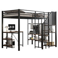HOCHBETT 120/200 cm aus Metall mit Schreibtisch, Regal und offenem Kleiderschrank - Schwarz, Holzwerkstoff (120/200cm) - Flora Grace