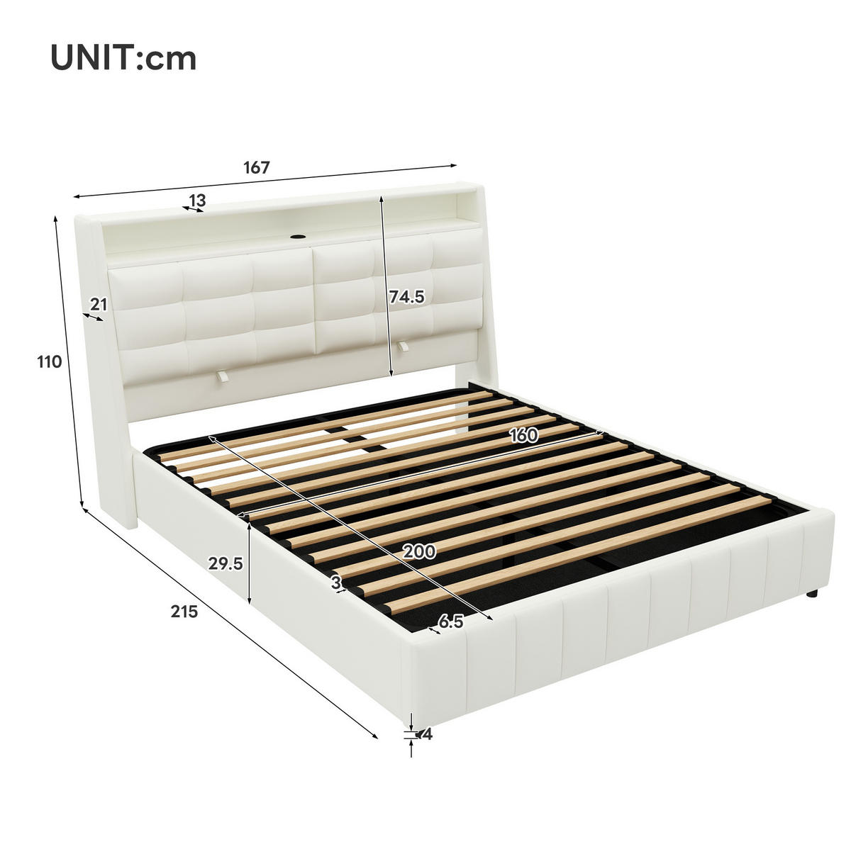 POLSTERBETT 160/200 cm Weiß mit LED-Beleuchtung USB-Anschlüssen und Stauraum - Weiß, Textil (160/200cm) - OKWISH