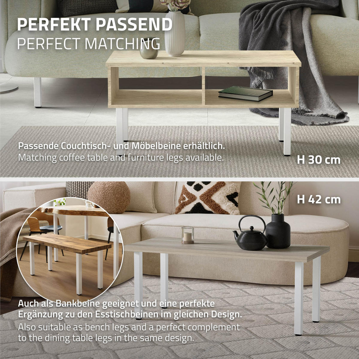 TISCHBEINE 4er Set I-Design H:72 cm Weiß 4x4 cm - Weiß, Metall (4/72/4cm) - ML-DESIGN