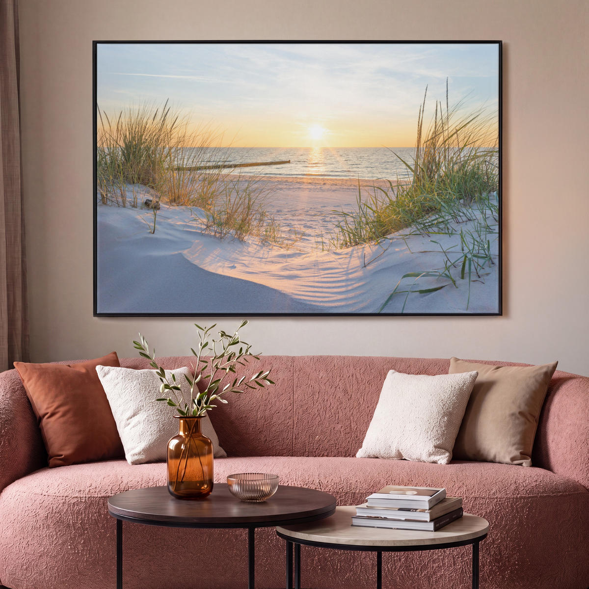 LEINWAND Bilder mit Rahmen - Strand - Sonne - Düne - Gras - Sand - Horizont - 150x100 - Hellblau, Textil (150/100cm) - MuchoWow