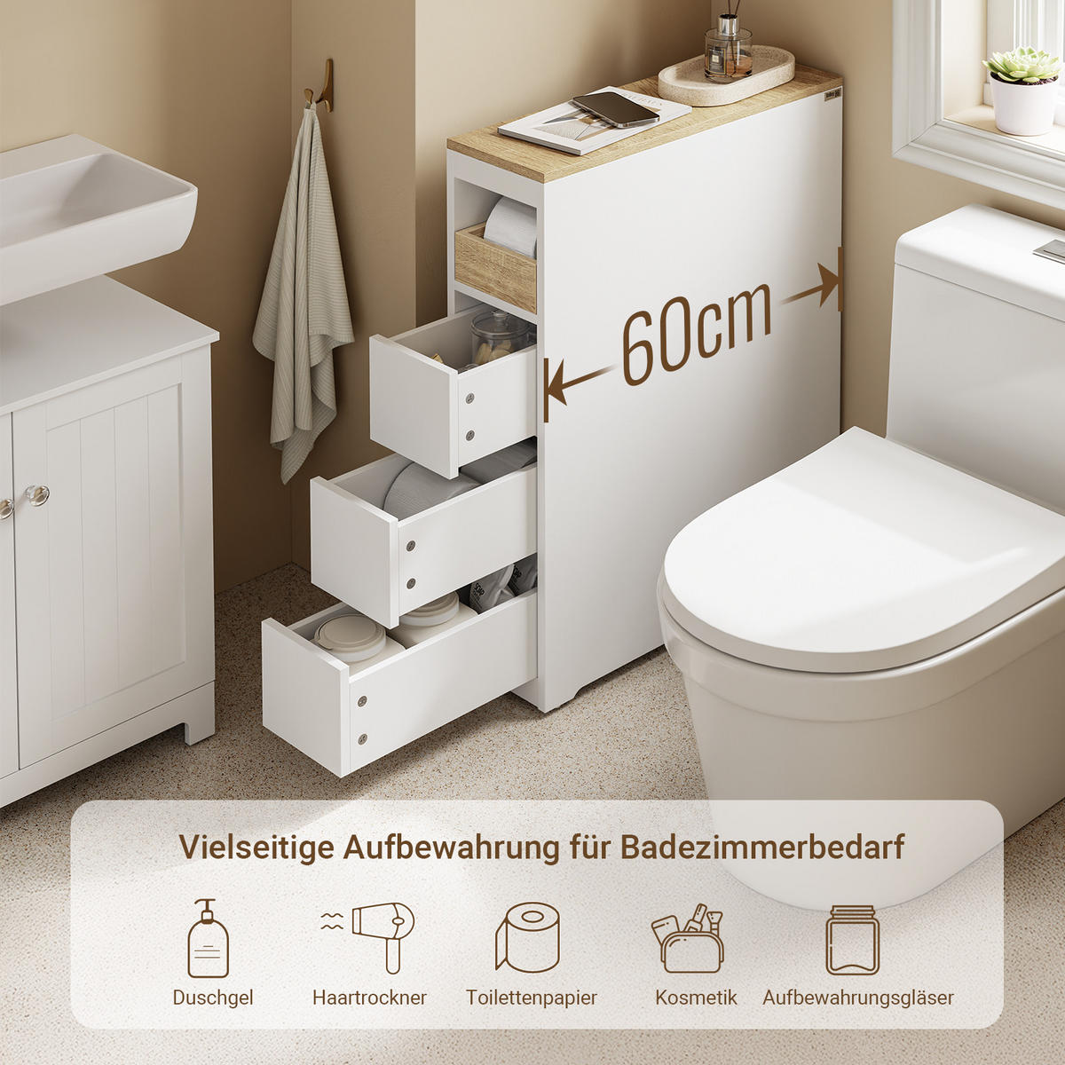 NISCHENSCHRANK mit 3 Schubladen, Weiß 60x20x82,3cm - Weiß, Holzwerkstoff (20/82.5/60cm) - SoBuy