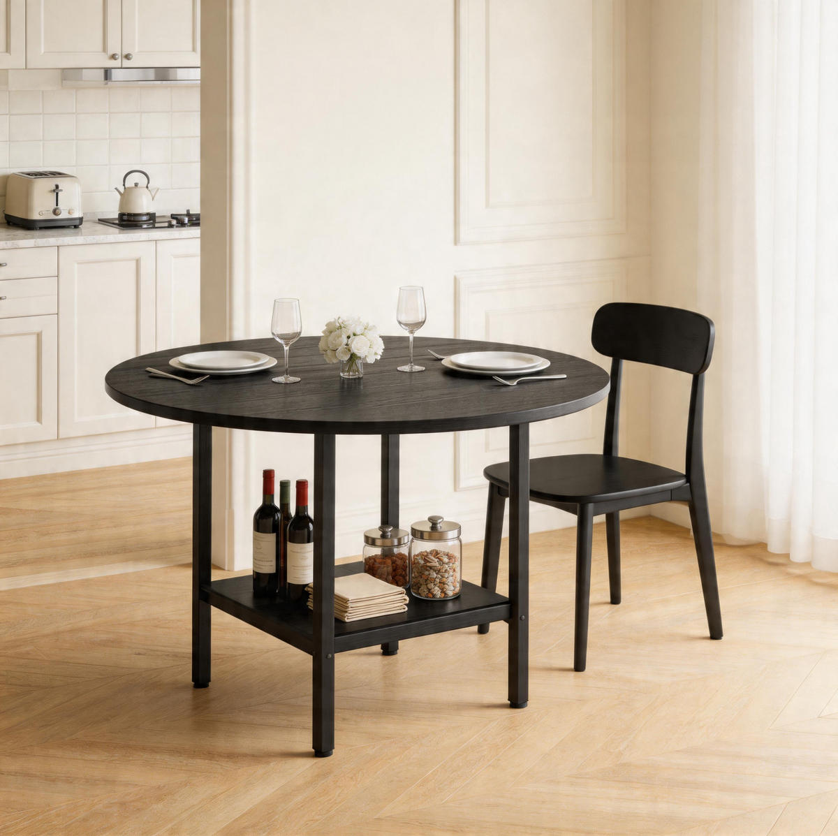 ESSTISCH 100/100/77 cm Schwarz aus MDF und Metall mit Stauraumregal - Schwarz, Holzwerkstoff (100/100/77cm) - OKMYHOME
