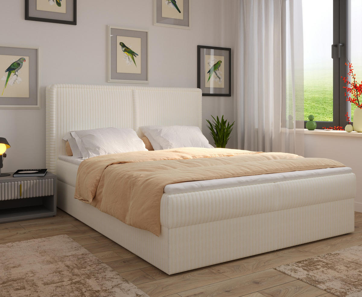 BOXBETT 04 180 x 200 cm - Ambience – Modernes Polsterbett mit Bettkasten, Topper und gepolstertem Kopfteil, Stoffbezug, Stauraumbett - Beige, Holz (180/200cm) - ROYAL24_MARKT