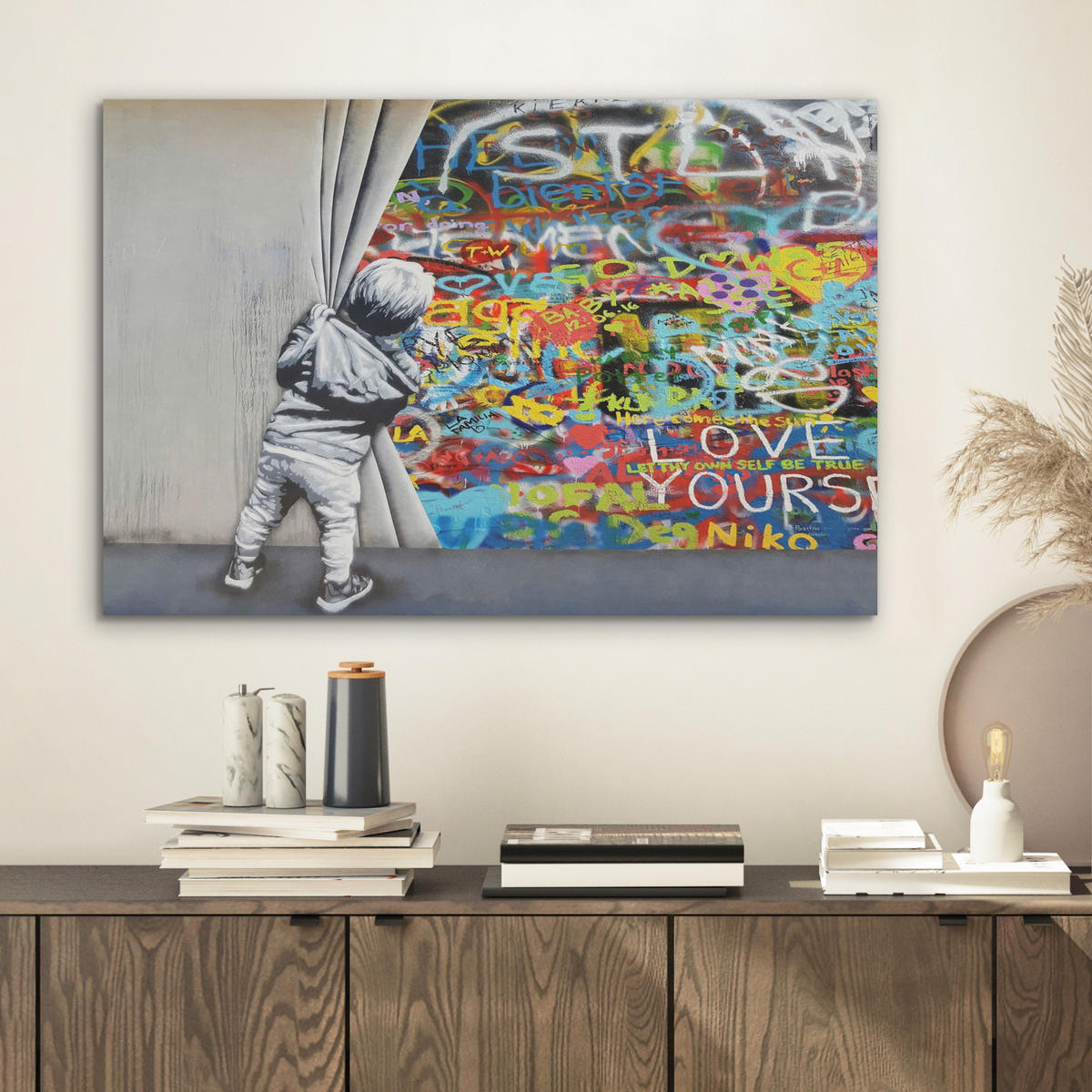 AKUSTIKBILD Graffiti - Junge - Ilussie - Straßenkunst Wanddeko 70x50 cm - Hellgrau, Kunststoff (70/50/0.9cm) - MuchoWow
