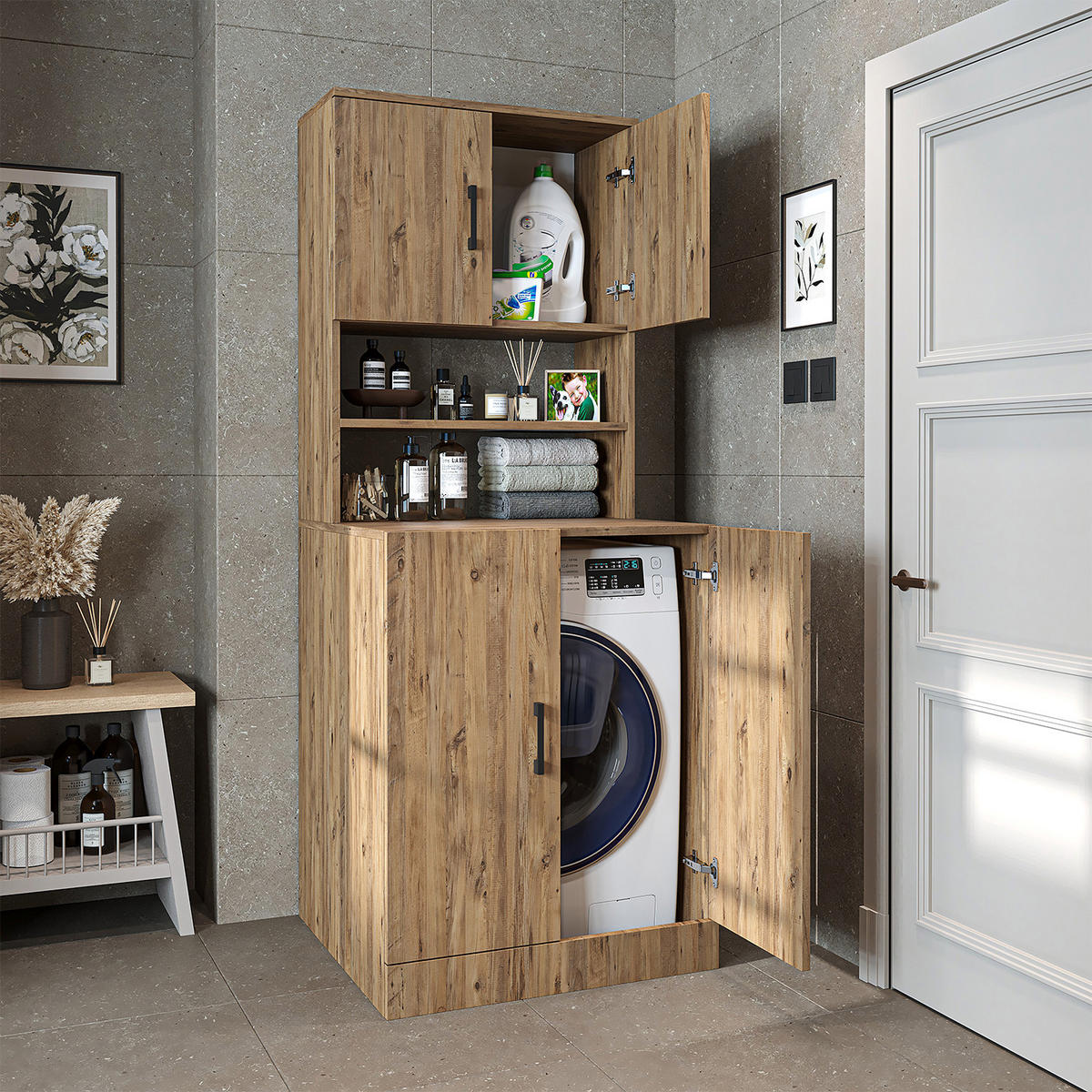 WASCHMASCHINENSCHRANK Atlantic I 70cm Breit, 180cm Hoch - Eichefarben, Holzwerkstoff (70/180/69cm)