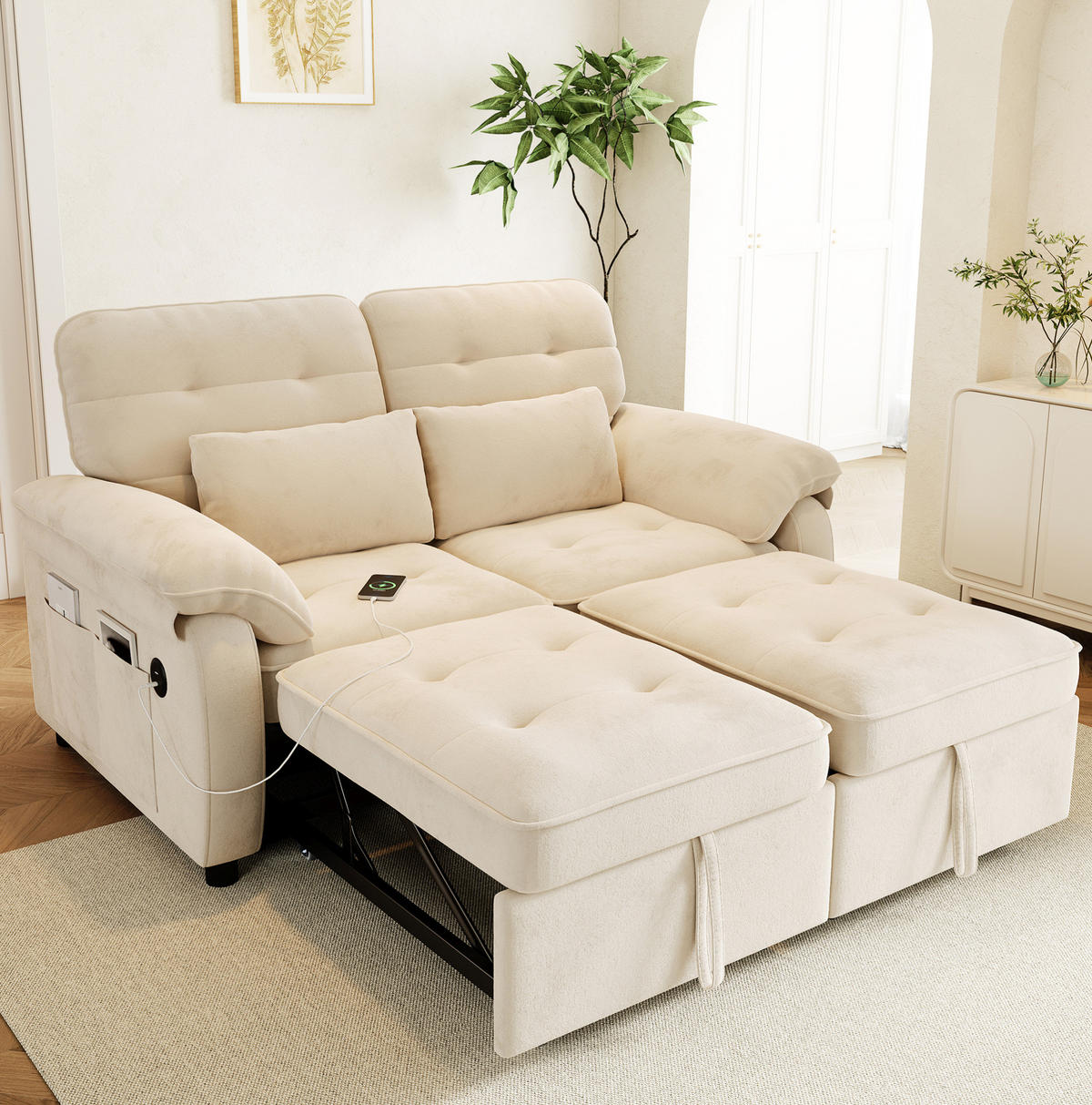 SCHLAFSOFA 142/90/86,5 cm aus Chenille mit 3-in-1-Bettfunktion Beige - Beige, Textil (90/86.5/142cm) - Modenvie
