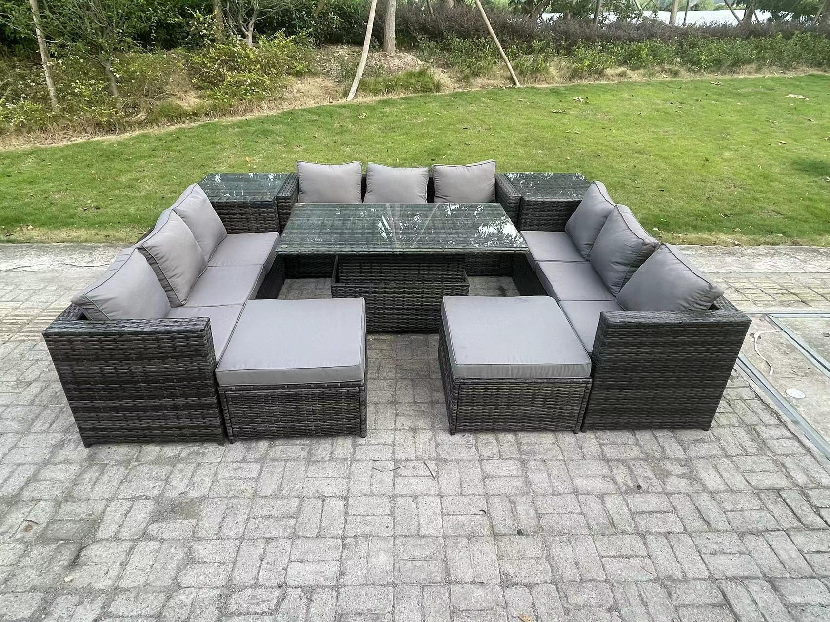 GARTENMÖBEL HÖHENVERSTELLBARER ESSTISCH SET MIT BEISTELLTISCH Polyrattan Outdoor 11-Sitzer - Dunkelgrau/Grau, Glas/Kunststoff - Fimous