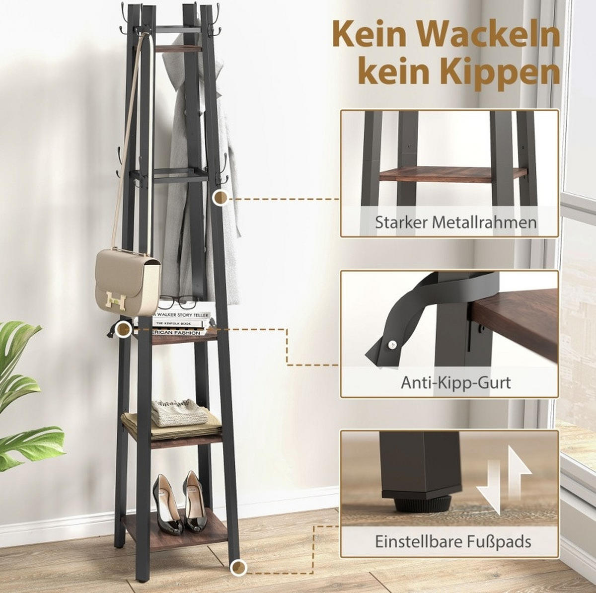 KLEIDERSTÄNDER 34,8/179/34,8 cm Braun aus Holz und Metall mit 8 Haken und 4 Ablagen - Braun, Holz (34.8/179/34.8cm) - OKMYHOME