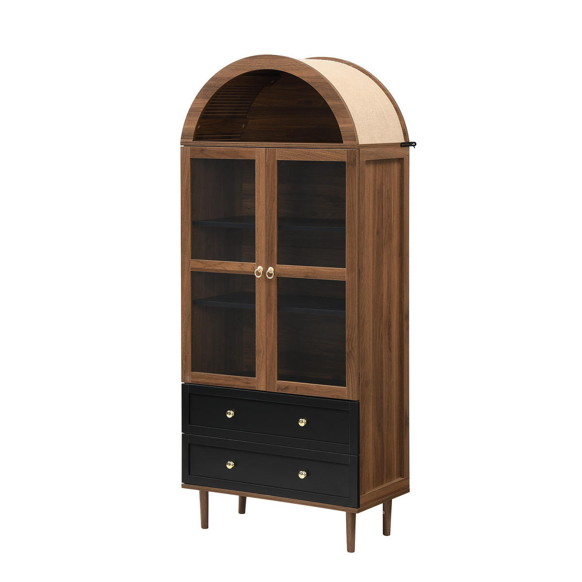 BUFFET Kommode mit gewölbter Glastür verstellbaren Einlegeböden goldenen Griffen Retro Design Walnuss - Transparent/Nussbaumfarben, Glas/Holzwerkstoff (70/168/38cm) - EVRYAE