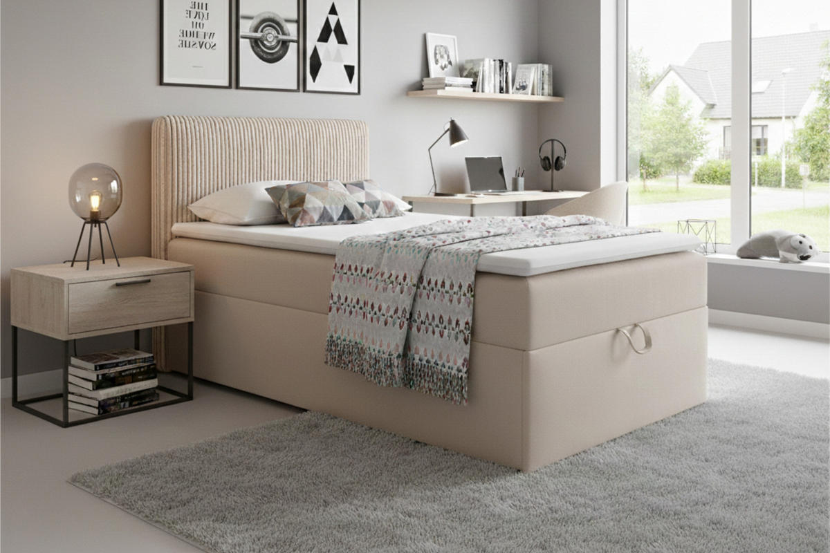 BOXBETT TEEN 4 90/200 Velours / Cord Ecru H3 - Ecru, Holz/Holzwerkstoff (90/200cm) - Deine Möbel 24