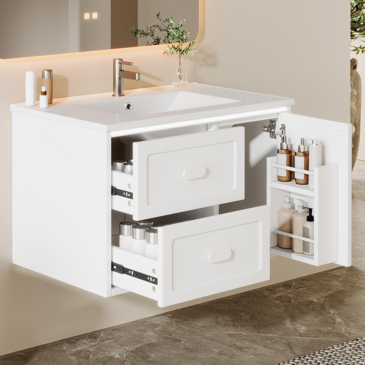 BADEZIMMER-HÄNGESCHRANK 76×46×51 cm, weiß, lackiert, mit LED-Radarsensor-Beleuchtung, 2 Schubladen, leisen Gleitschienen und integriertem Waschbecken - Weiß, Holzwerkstoff (46/51/76cm) - Ej. Life