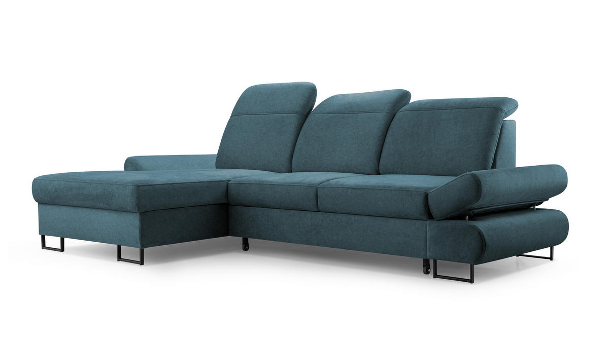 ECKSOFA NANO Blau Velours-Stoff mit Schlaffunktion - Blau, Holz (265/156cm) - MASSENO