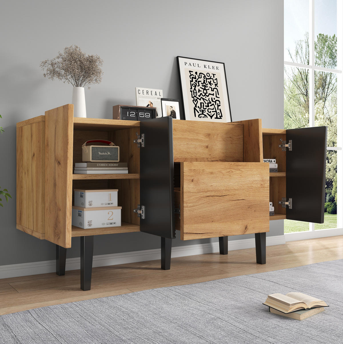 SIDEBOARD aus Spanplatte 40x140x70 cm Eichefarben mit 2 Schubladen, 4 Türen und höhenverstellbaren Einlegeböden - Eichefarben, Holzwerkstoff (40/70/140cm) - Modfu