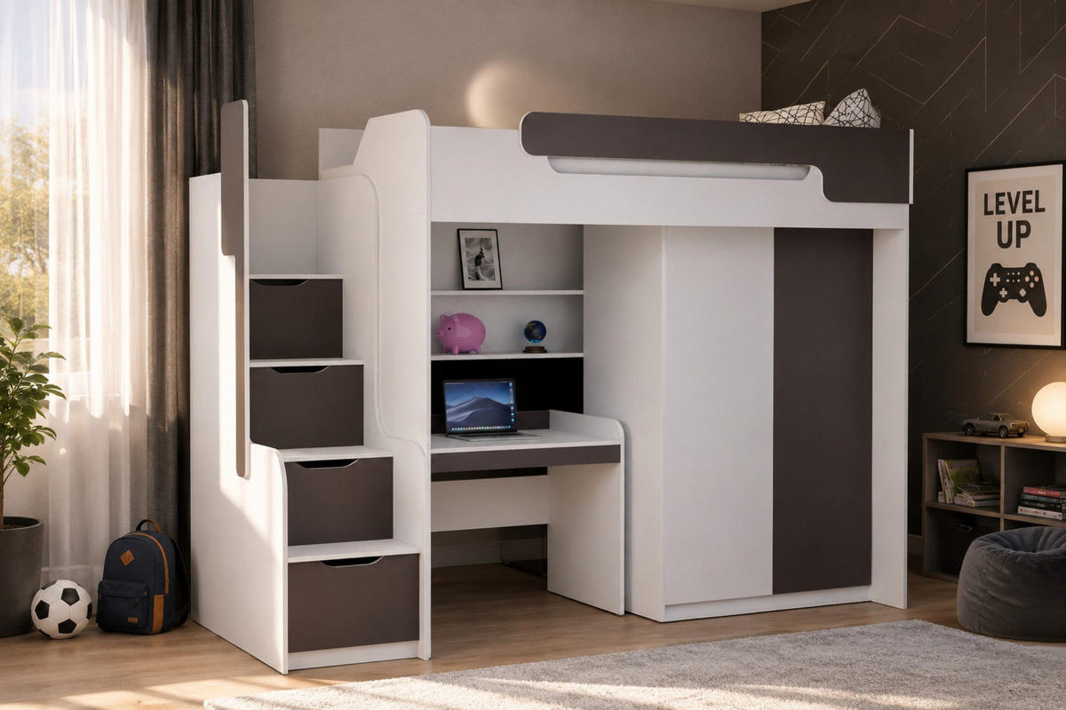 HOCHBETT ARTHUR 90/200 in Weiß/Grau mit Schreibtisch und Kleiderschrank - Weiß/Grau, Holzwerkstoff (90/200cm) - Deine Möbel 24