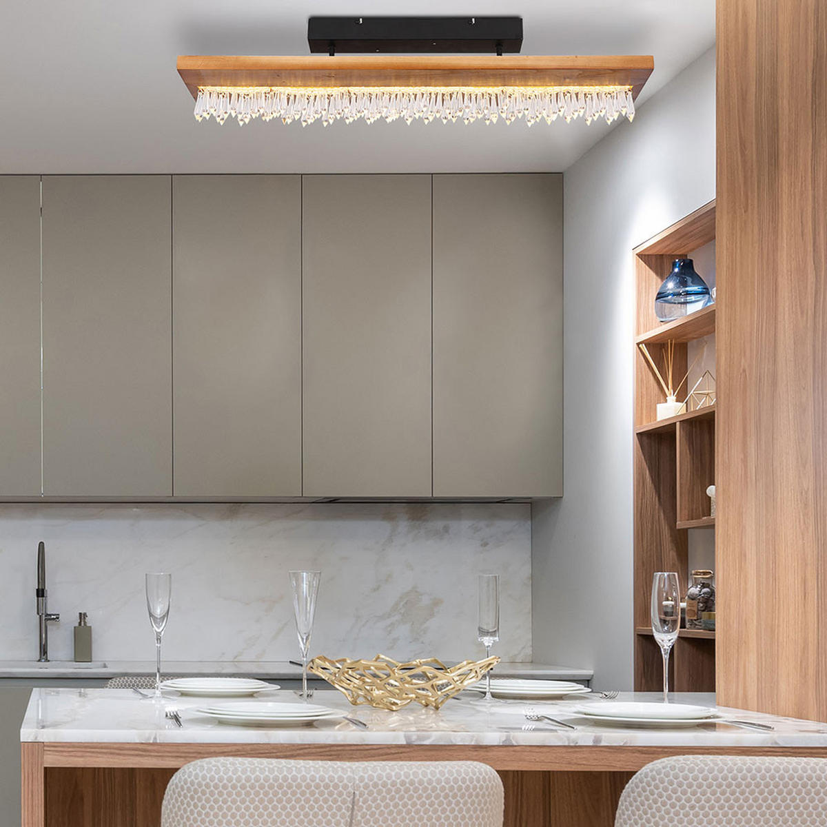 LED DECKENLEUCHTE Holz Braun Kristalldekor - Braun, Holz (80/20/19.5cm) - Globo Lighting