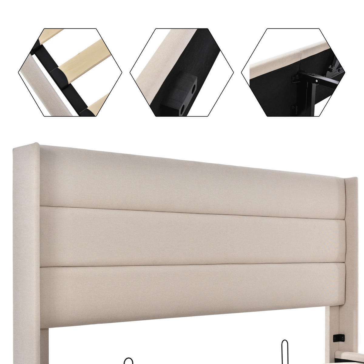 POLSTERBETT aus Leinen 140x200 cm Beige mit Hydraulik-Bettkasten und Taschenfederkernmatratze - Beige, Textil (140/200cm) - IVMEU