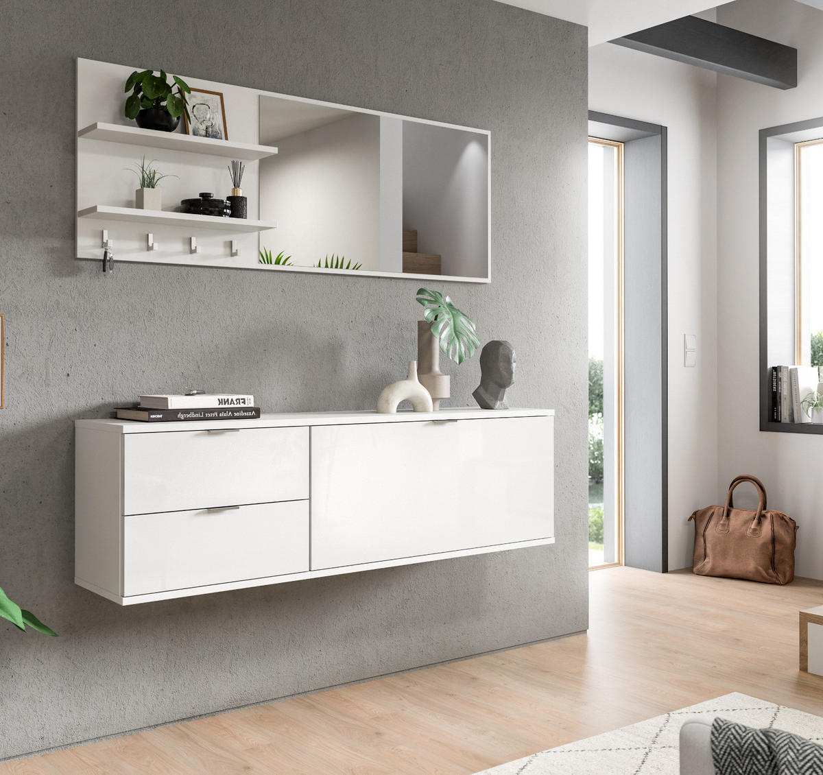 GARDEROBE Set 4-teilig weiß Hochglanz 144 cm, Garderobenkombination mit Spiegel hängend - Chromfarben/Weiß Hochglanz, Holzwerkstoff/Kunststoff (144/193/34cm) - Inn.Furn