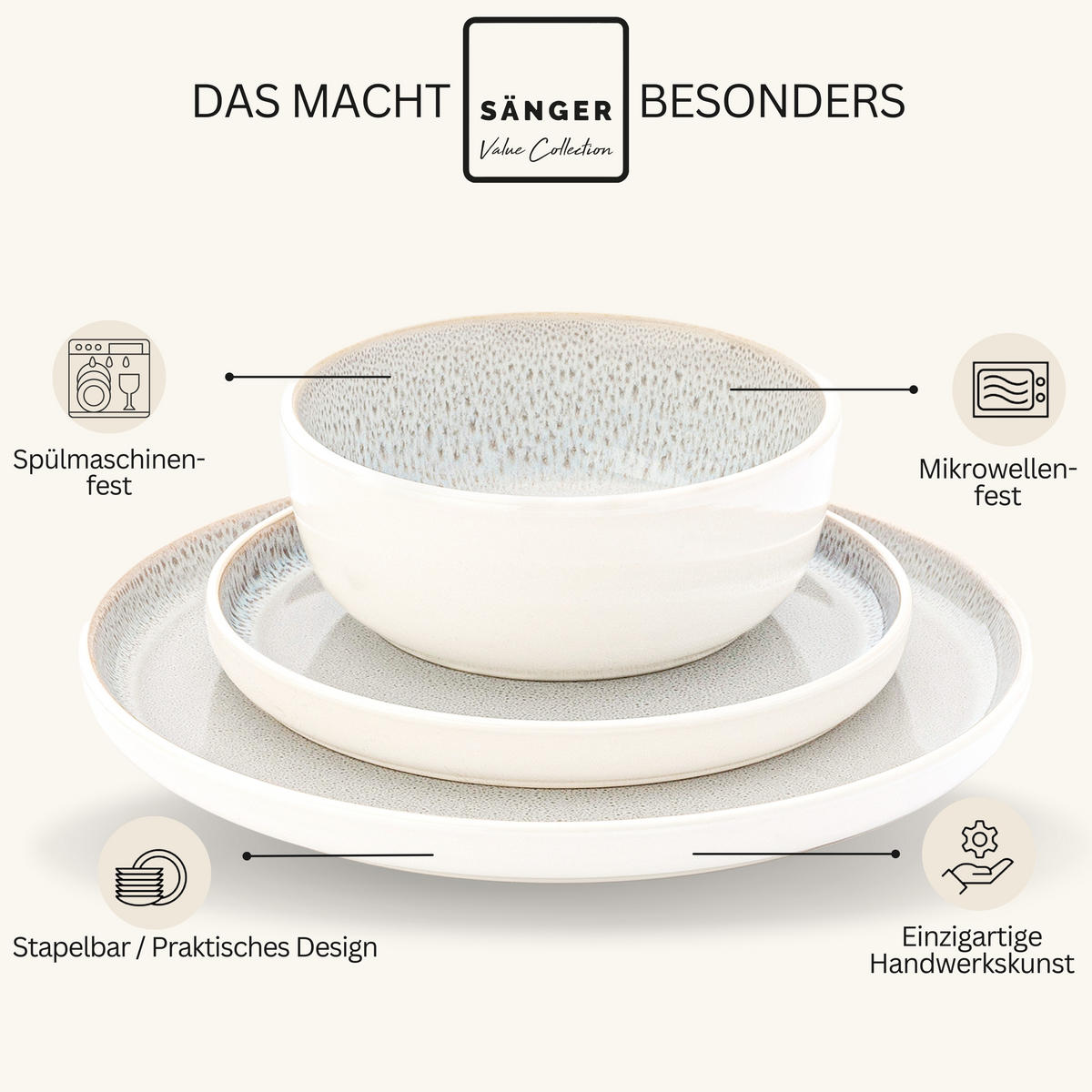 KOMBISERVICE KRETA - 24 teilig aus Steingut - Creme, Stein (50/30/80cm) - Sänger