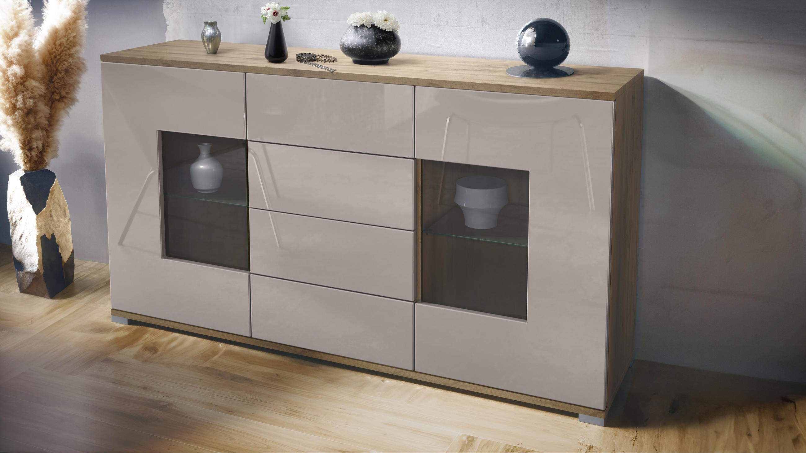 SIDEBOARD Grömitz Sandgrau Hochglanz - Sandfarben, Holzwerkstoff (138.5/75.5/35cm) - Vladon