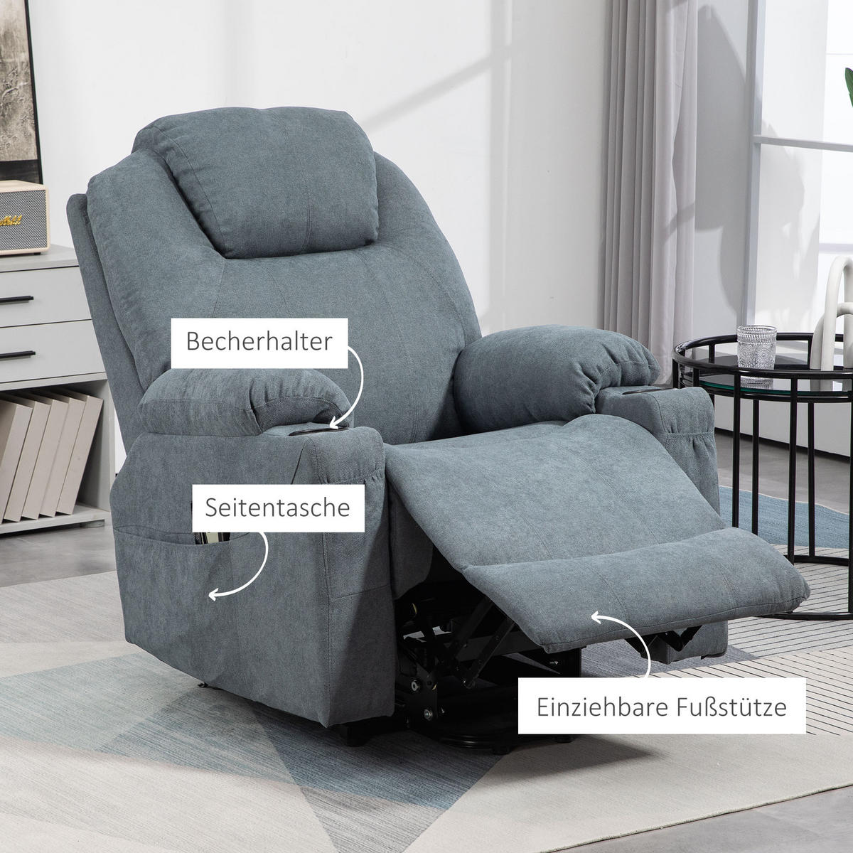 MASSAGESESSEL DE-06391 Mit Aufstehilfe, 8 Massagepunkte, 135° neigbar Grau - Dunkelgrau, Textil/Metall (90/107/101cm) - ComfortXL