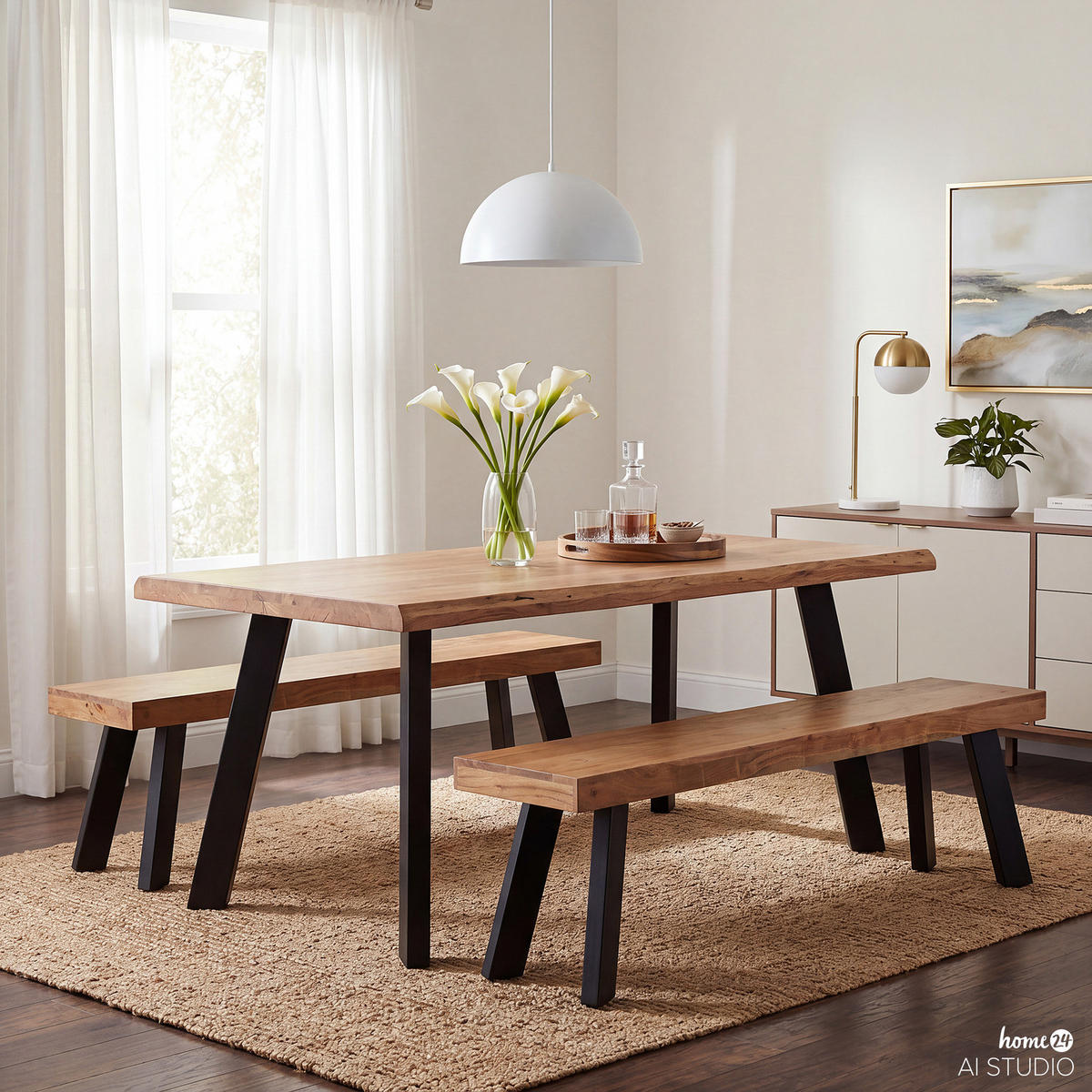 SITZBANK - Akazie massiv / Eisen - Akaziefarben, Holz/Metall (178/45/38cm) - home24