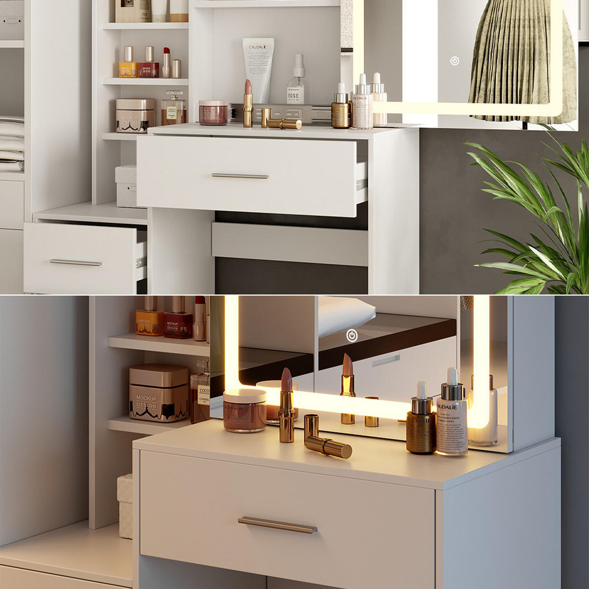 SCHMINKTISCH Lisca Weiß 80 cm mit LED-Spiegel - Weiß, Holzwerkstoff (80/131.6/36cm) - Vicco