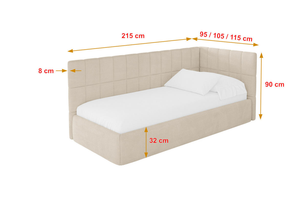 EINZELLBETT Jugendbett mit Bettkasten, Links - TULY 90x200 Beige - Creme, Holzwerkstoff/Textil (90/200cm) - ALTDECOR