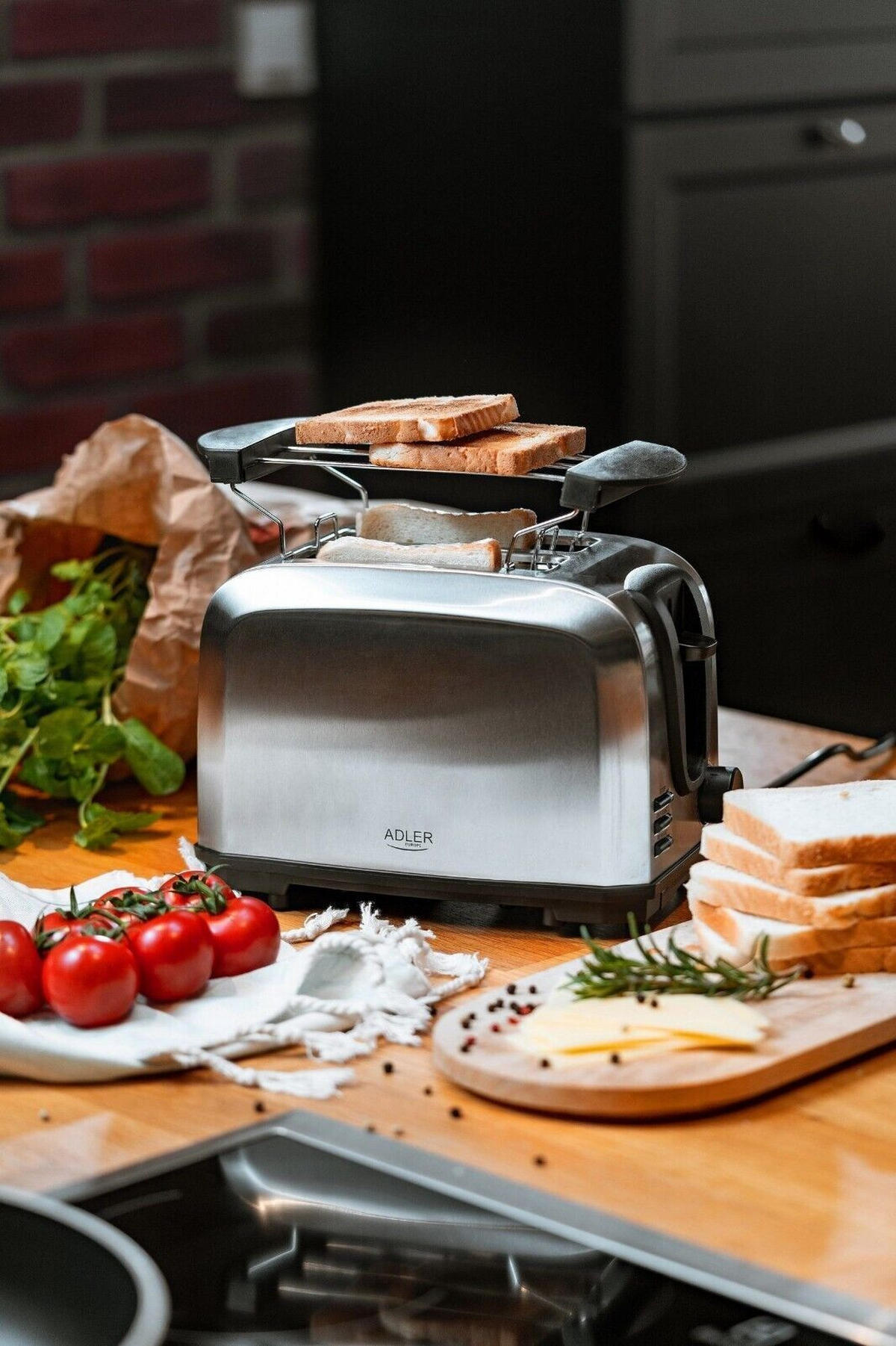 TOASTER Edelstahl – AD3222 – 2 Scheiben, Brötchenaufsatz, 1000 W, 7 Bräunungsstufen, Auftaufunktion, Röst- & Stoppfunktion - Silberfarben, Kunststoff/Metall (17/19/28cm) - Adler