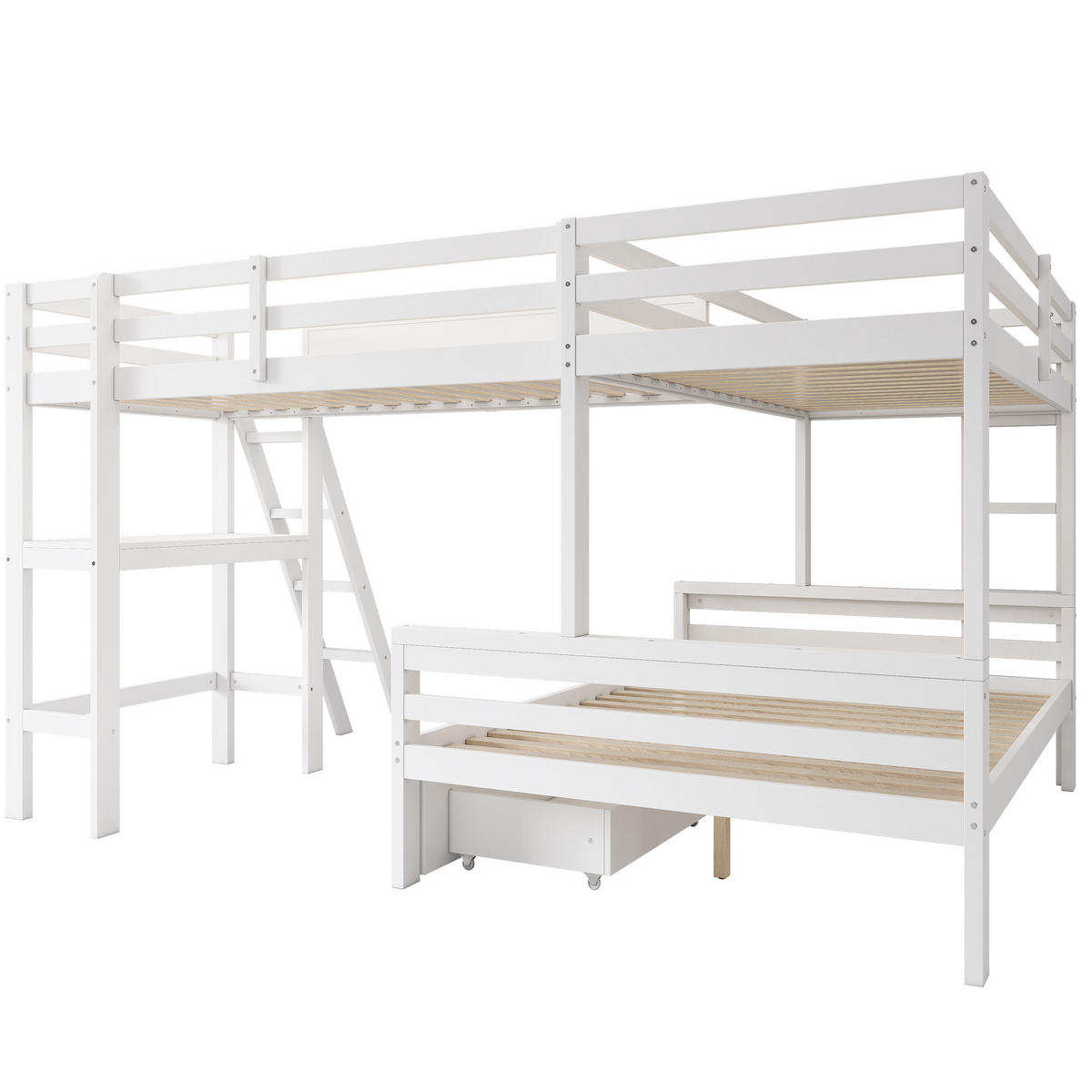 HOCHBETT 140/200 und 2x 90/200 cm aus Kiefer-Massivholz mit Schreibtisch und Schubladen Weiß/Eichefarben - Weiß, Holz (140/200cm) - Modenvie