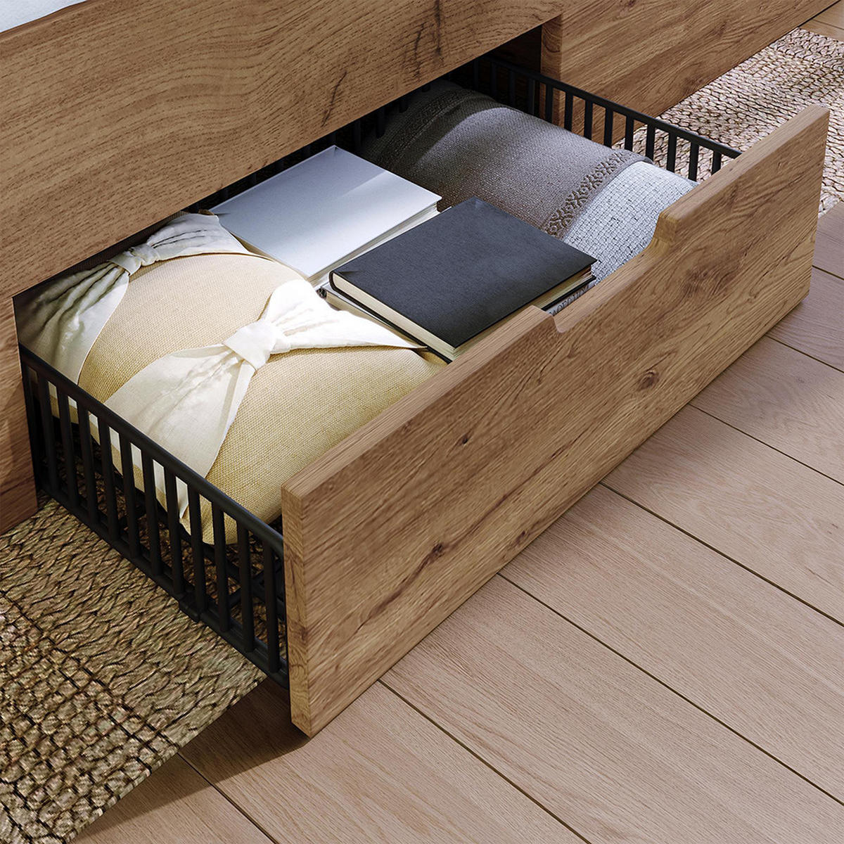 DOPPELBETT 160x200 cm mit LED-Downlights und USB Type-C in Eichenoptik, ohne Matratze - Eichefarben, Holz (200/160cm)