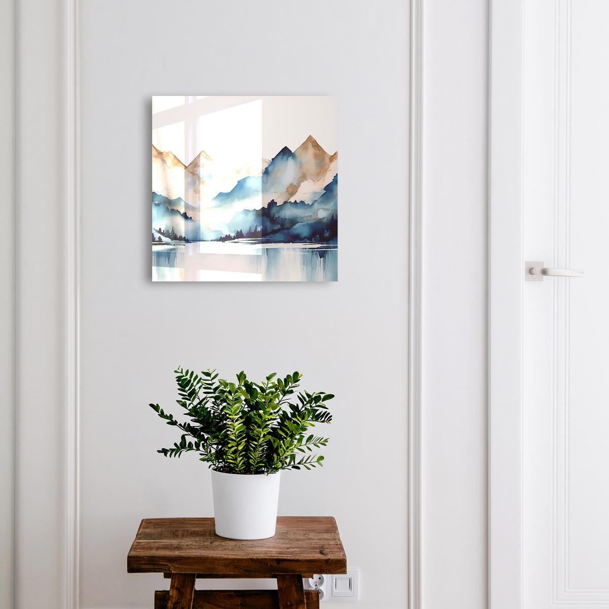 SCHLÜSSELBOX Weiß 30x30 cm – Türöffnung nach rechts - Aquarellberge - Blau, Metall (30/30/5cm) - TULUP