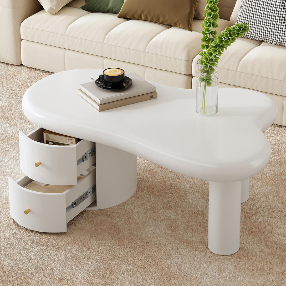 COUCHTISCH Weiß Unregelmäßig 2 Schubladen Platzsparend Stabil Mehrzweck - Weiß, Holz (58.42/50.8/41.28cm) - FLIEKS