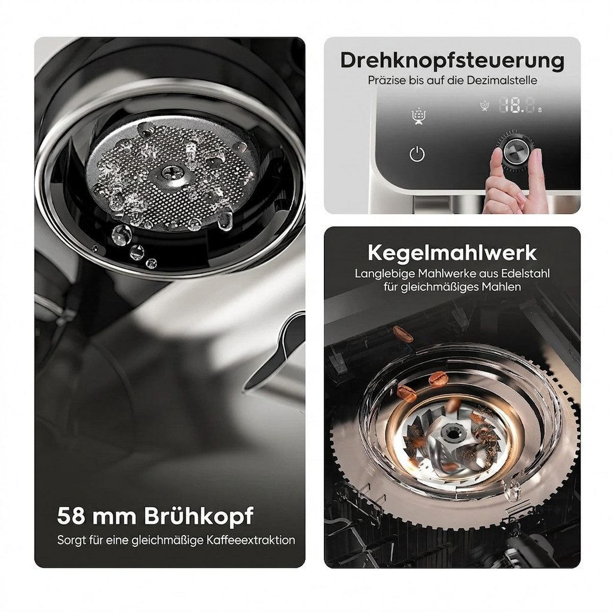 SIEBTRÄGERMASCHINE 2-in-1 mit Mahlwerk & Touchscreen Dual-Heizsystem - Beige, Metall (41.4/46.7/39cm) - BEXEVUE