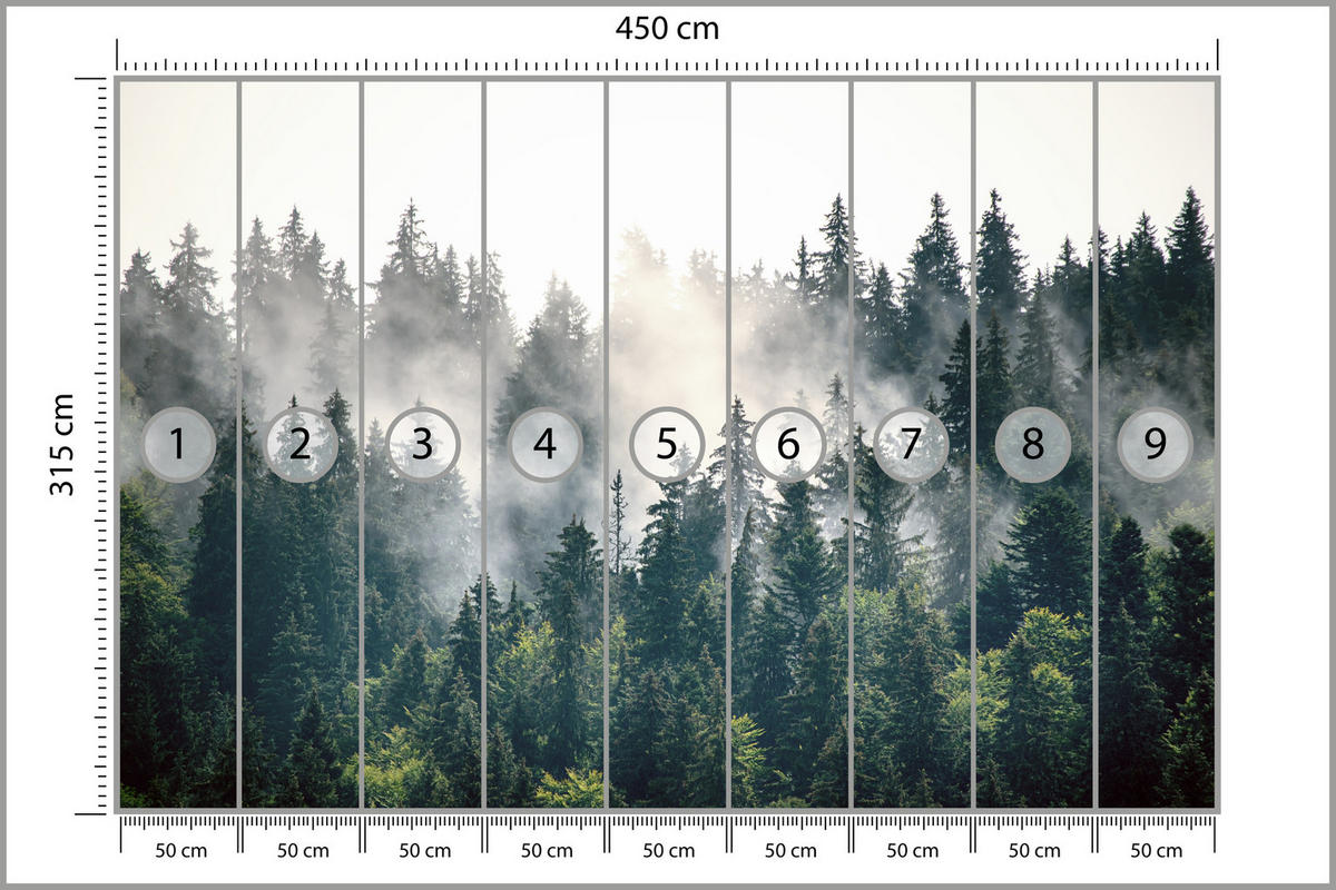 FOTOTAPETE für Wohnzimmer Nebeliger Nadelwald Berg Mystik Bäume 450x315 - Weiß/Grün, Papier (450/315cm) - Muralo