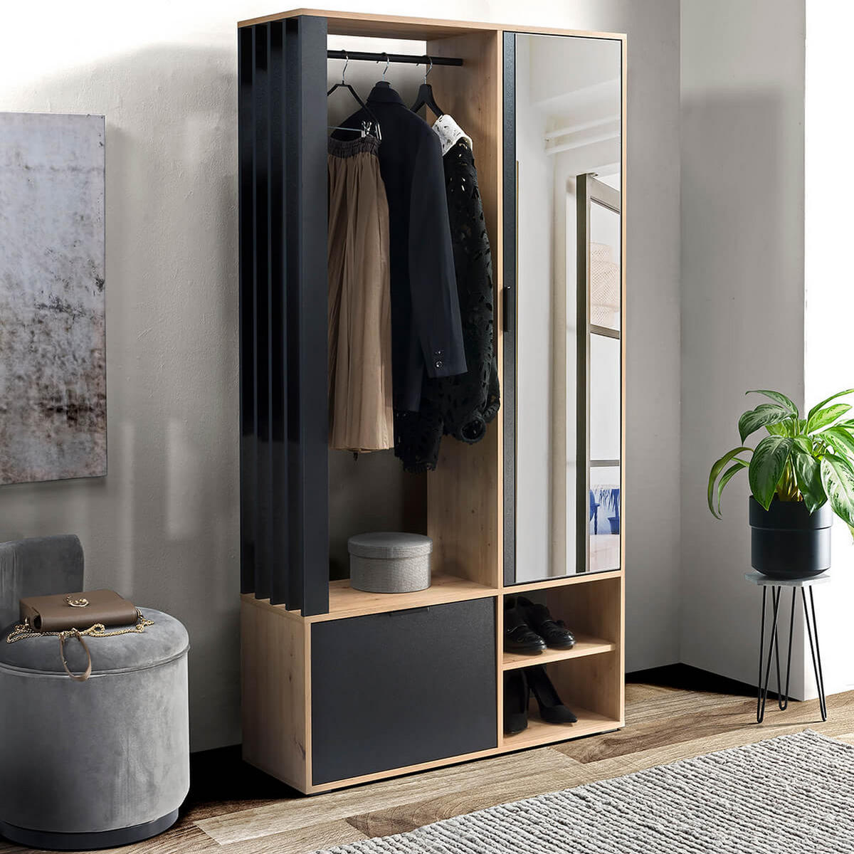 GARDEROBE Milo 100 x 189,4 x 33 cm Eiche Artisan/Schwarz - Schwarz, Holzwerkstoff/Metall (100/189.4/33cm) - Koseto