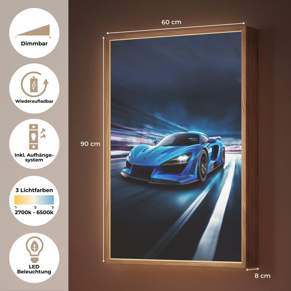 NÁSTĚNNÁ LAMPA S AKUMULÁTOREM Auto - Modrá - Chlapci - Dítě 60x90 cm - modrá, kompozitní dřevo (60/90/8cm) - OnlyWow